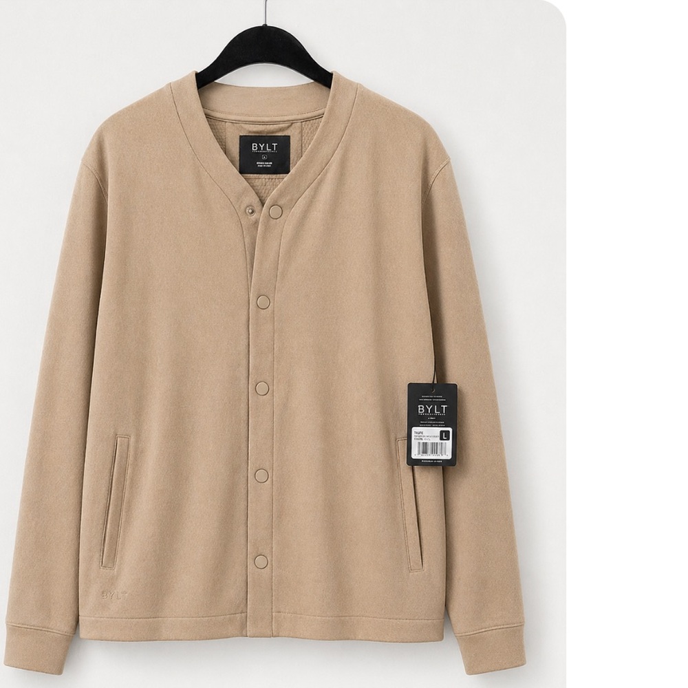 BYLT men’s adventure fleece taupe cardigan basic neutral travel minimalist Large
